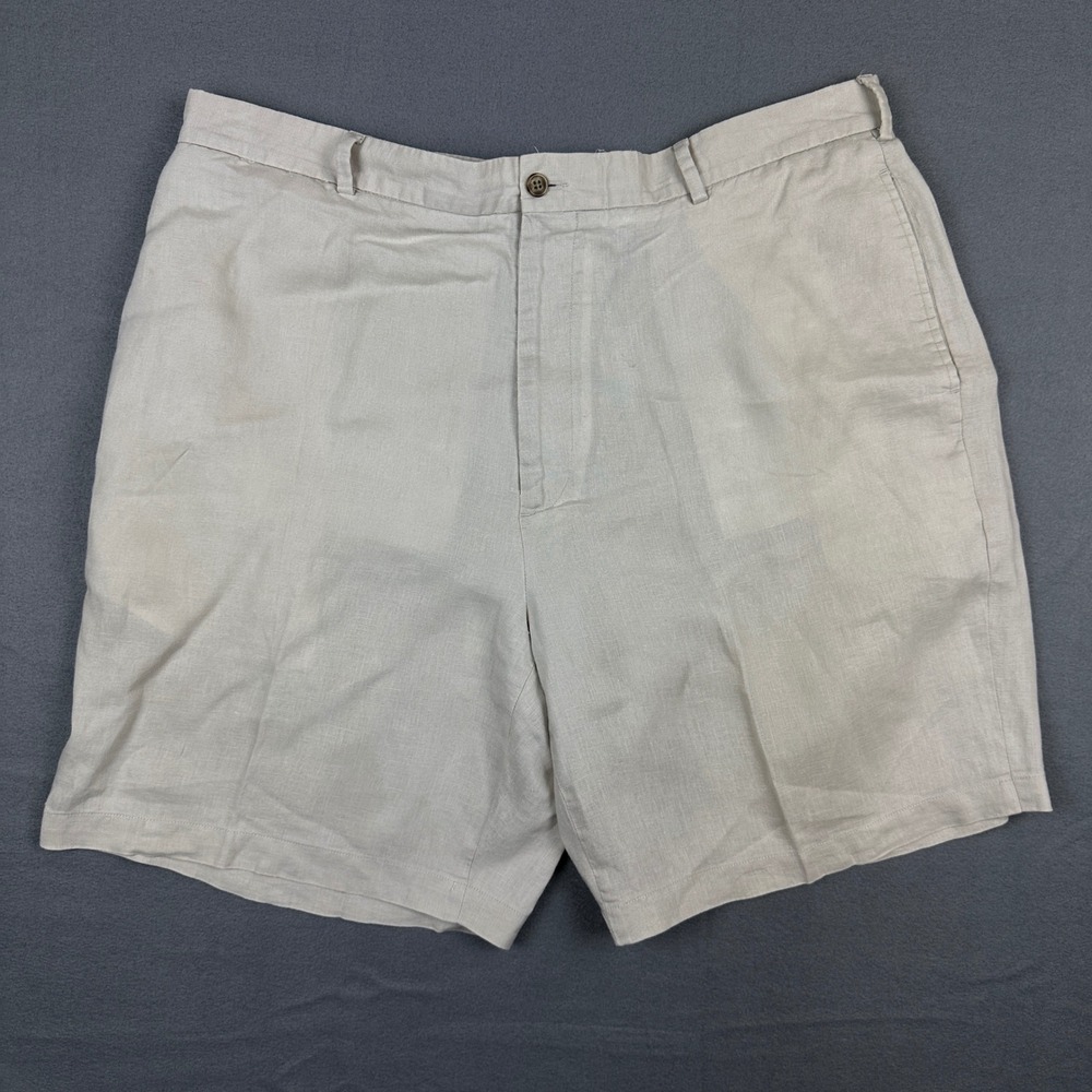 Perry Ellis Mens Beige 100% Linen Shorts Flat Front Casual Summer Beach 40